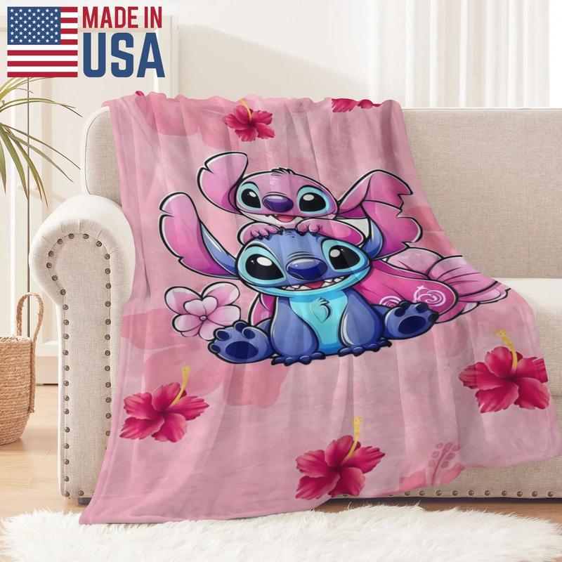 Disney Stitch Blanket Collection - Pink Floral Design Featuring Stitch & Friends Soft Cozy Throw Blanket for Kids and Adults