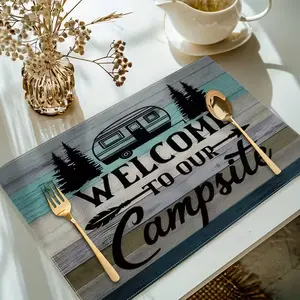 2D flat printing, 2-piece/4-piece/6-piece/8-piece set, camping themed placemat set, used for fashionable kitchen decoration and modern daily accessories, machine washable, heat-resistant, suitable for home and outdoor use