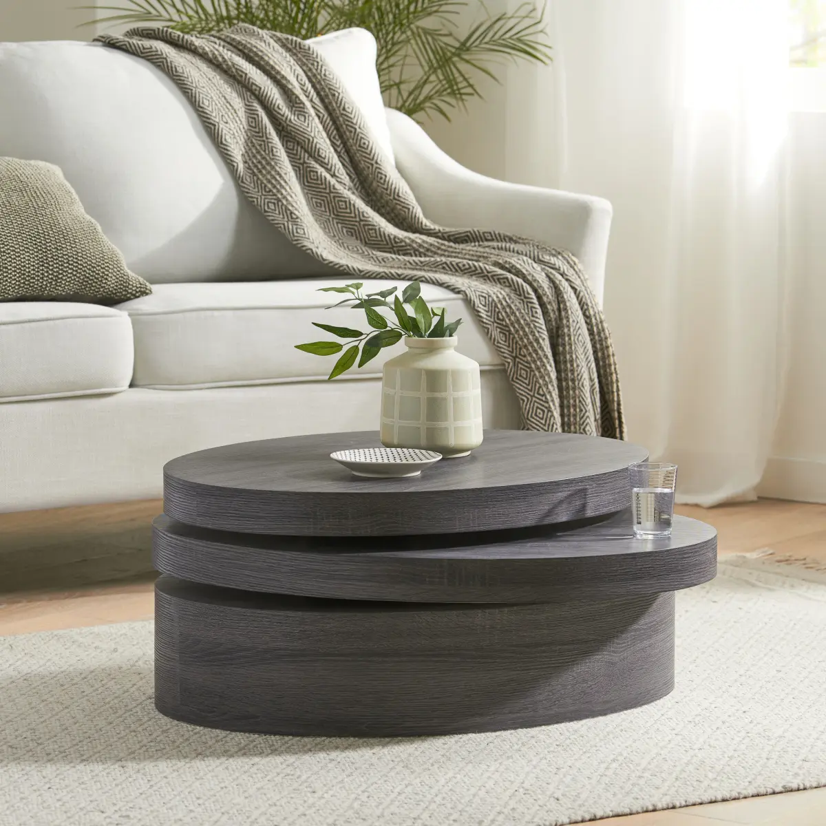 13*23.5*31.5 Inch Oval Rotatable Coffee Table, 3-Tier High Gloss Plywood Modern Rotating Tea Table, Multi-surface Expandable Low Profile Accent Table Minimal Assembly for Living Room Modern Home Decor