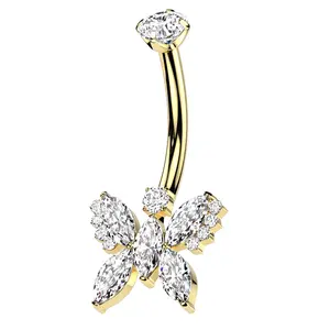 Gold PVD Marquise Butterfly Clear CZ Titanium Internally Threaded Belly Button Ring