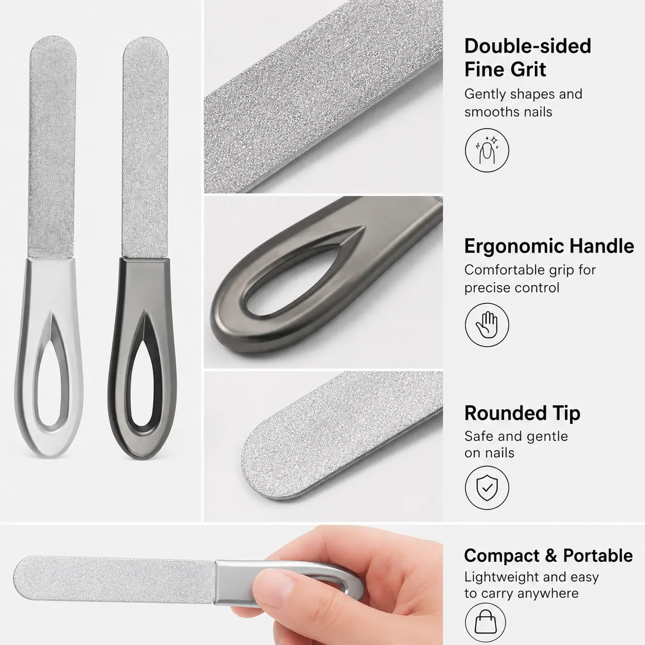 Stainless Steel Nail File, Double Sided Fine Grit Manicure Tool for Shaping and Smoothing, Washable with Ergonomic Handle and Cut Out for Storage, Shapes And Smooths Nails