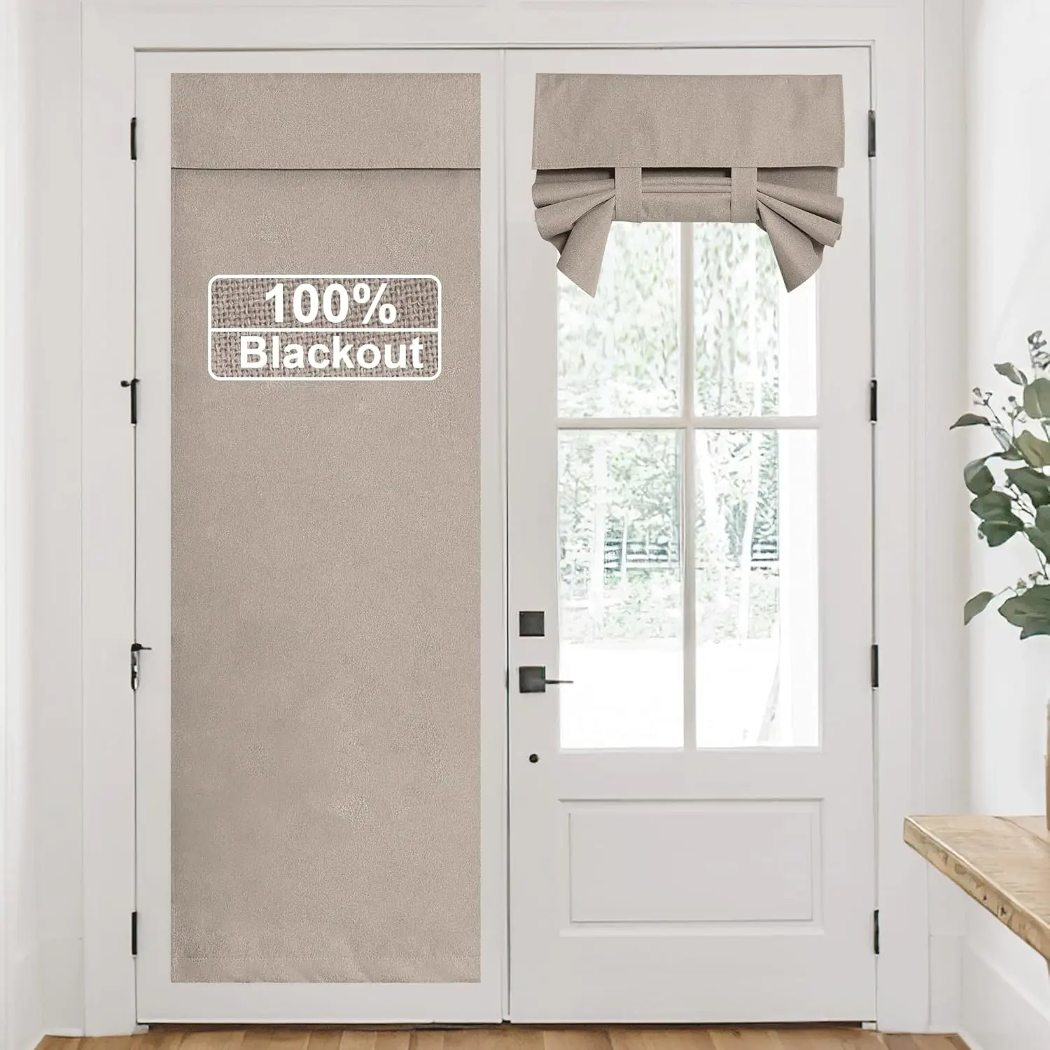 Linen Blackout Door Curtain with Blackout Fabric - Lightweight Tie-Up Shade for Glass Windows, Fully Light Blocking, 1 Panel, 26in W x 69in L, Sand