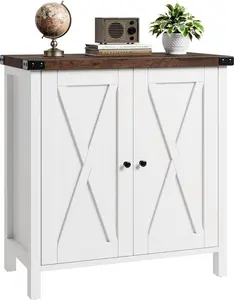 【Christmas Gift】White Farmhouse Sideboard Buffet Cabinet with Adjustable Shelves and Barn Doors Rustic Modern Coffee Bar and Kitchen Organizer Brown