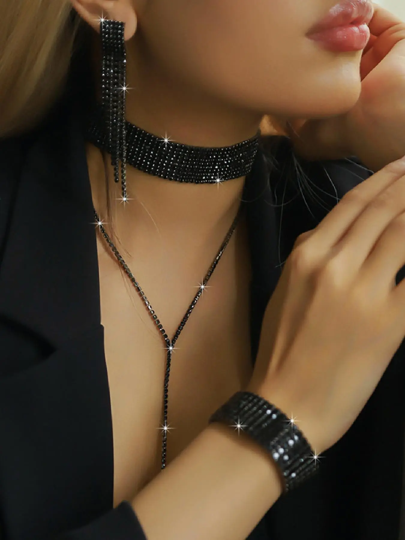 Women's Elegant Rhinestone Decor Tassel Design Jewelry Set, Exquisite Trendy Necklace & Dangle Earrings & Bracelet, Chic Matching Jewelry Set for Party Decoration, Fashionable Jewelry Set, Necklaces Earrings Set, Necklace and Earring Set