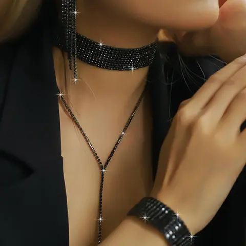 Women's Elegant Rhinestone Decor Tassel Design Jewelry Set, Exquisite Trendy Necklace & Dangle Earrings & Bracelet, Chic Matching Jewelry Set for Party Decoration, Fashionable Jewelry Set, Necklaces Earrings Set, Necklace and Earring Set