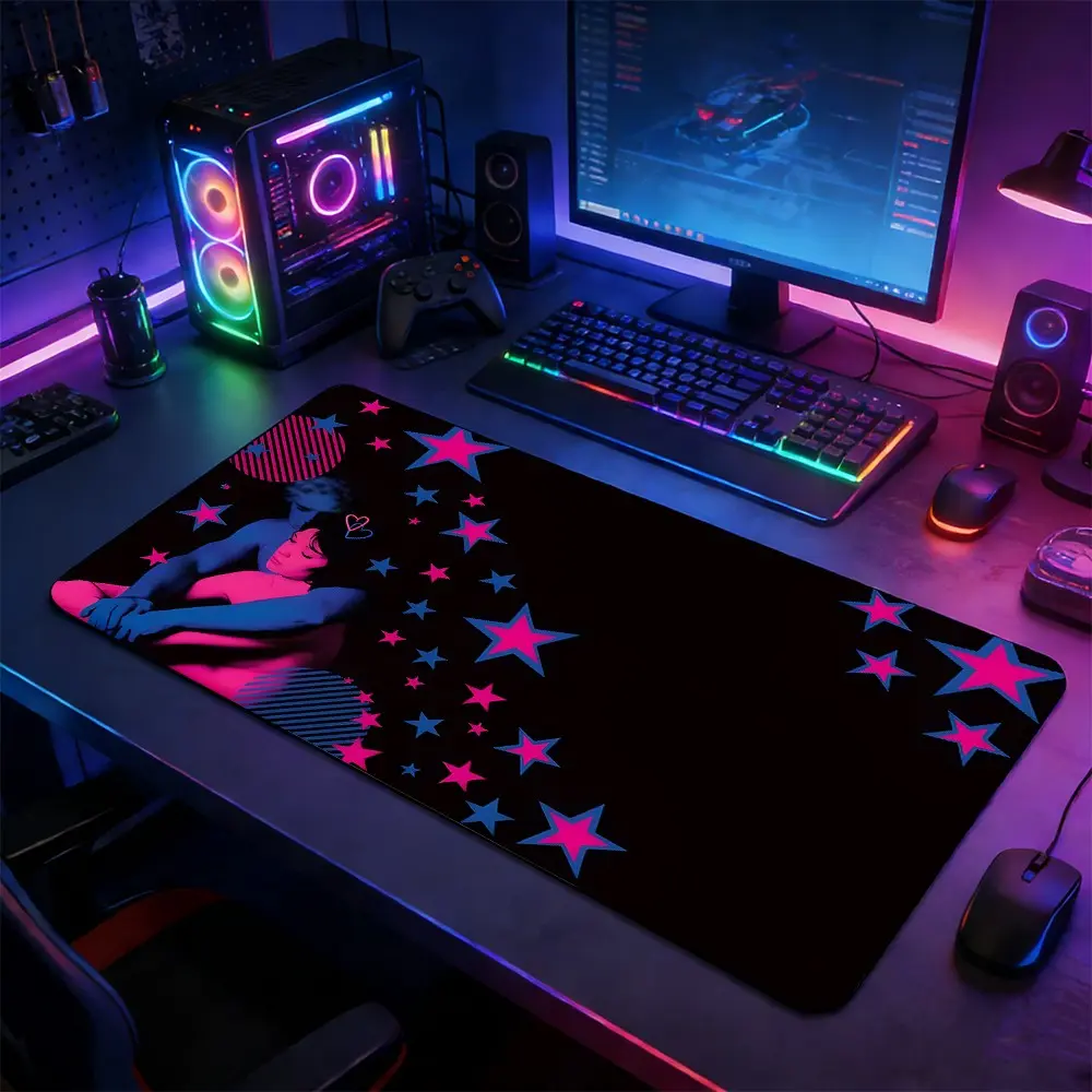 Neon Star & Anime Portrait Large Extended Gaming Mouse Pad, Non-Slip Rubber Base Stitched Lock Edge Desk Mat, Retro Vaporwave Aesthetic Design, Durable Computer Accessory for Home Office & Gaming Setup, Perfect Gift for Gamers & Vaporwave Fans