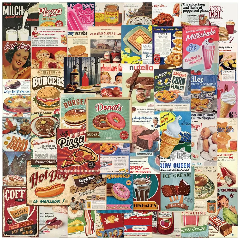 Vintage Food Pattern Sticker, 50pcs/set Waterproof Self Adhesive DIY Sticker, Decor Sticker for Gift Greeting Card Water Bottle Laptop Phone Sticker Packs, Decorative Stickers