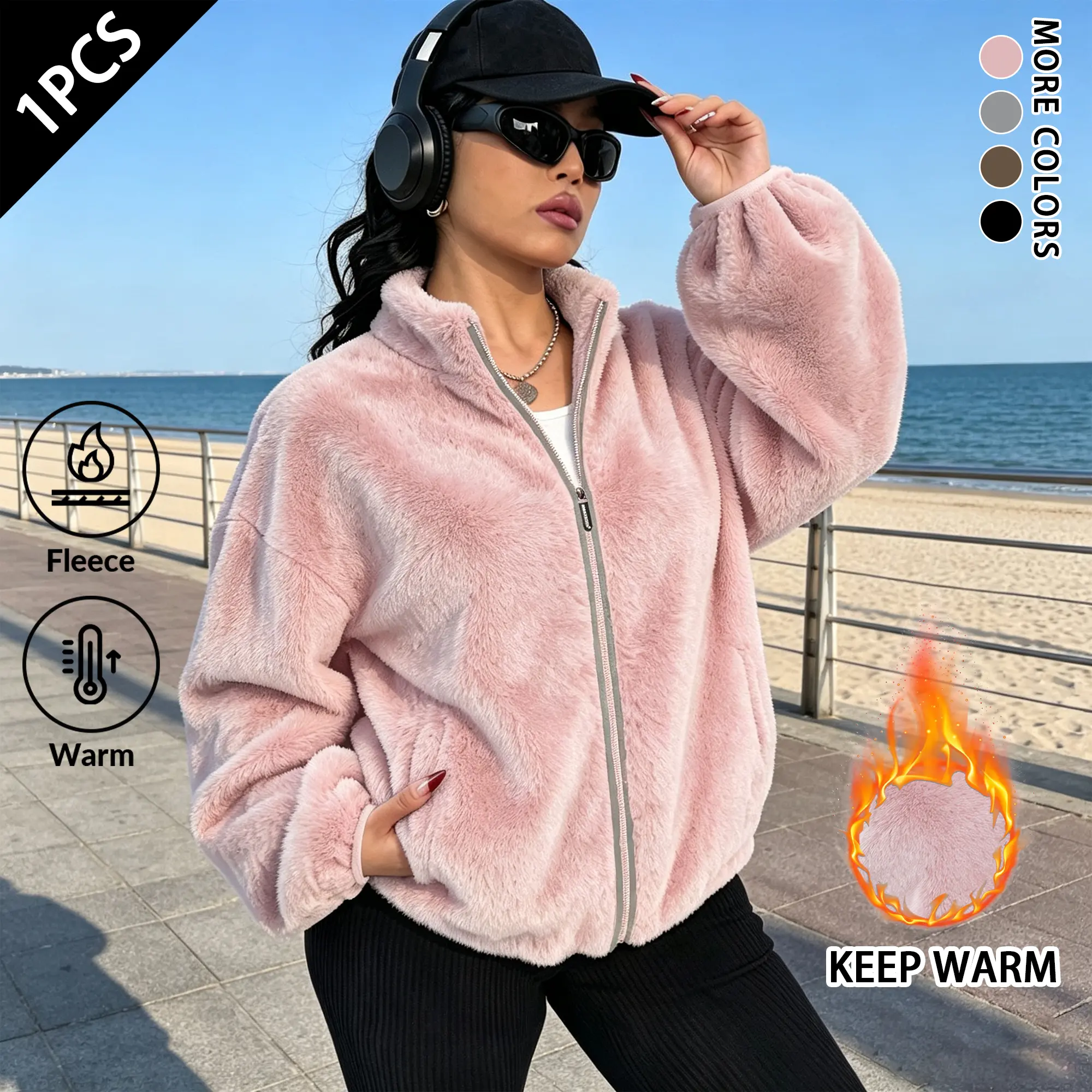Lady's Loose-Fit Plush Fleece Full-Zip Stand-Collar Jacket, Long-Sleeve Warm Outerwear with Side Hand Pockets, Casual Tops for Women for Street Style & Winter Everyday Wear