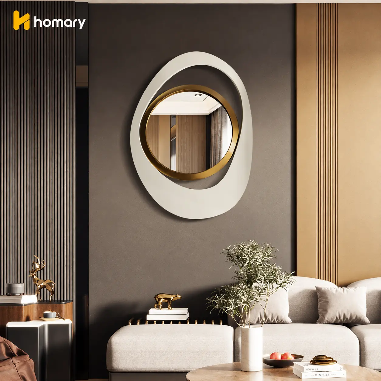 Homary One Piece Elegant 23.6-Inch White & Gold Geometric Decorative Reflective Glass Wall Mirror for Living Room, Entryway, and Bedroom Installation,dorm essentials