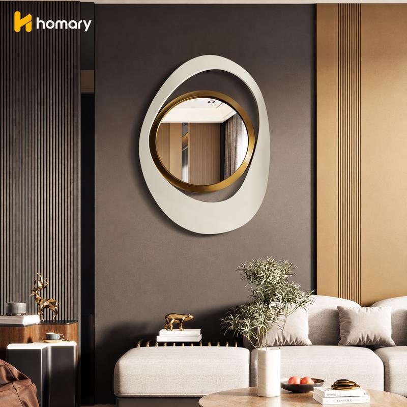 Homary 1-Piece Irregular Wall Accent Mirror - 23.6-Inch White & Gold Geometric Reflective Glass, Fingerprint-Proof Home Accessory for Living Room, Bedroom House Decor