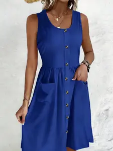 Elegant Plus Size Sleeveless Vest Dress for Women, A-Line Straight Tube Style, Button Front Pocket Design, Casual Daily Wear