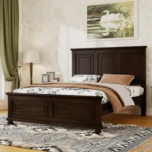 Farmhouse Bed Frame with Tall Headboard, Wood Platform Bed and Footboard & Charging Station