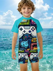 Boys' 3D Game Controller Print Swimsuit, Cartoon Theme Short Sleeve Shorts Set, Sporty Outdoor Wear, Birthday Gift, Festival Gift