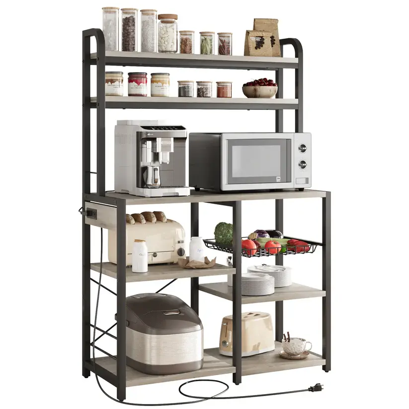 [FLASH SALE] Garvee Bakers Rack with Power Outlet, Coffee Bar with Wire Drawer, Microwave Stand, Kitchen Buffet Table with Large Storage, 6-Tier Kitchen Storage Rack with Hutch for Dining, Living Room