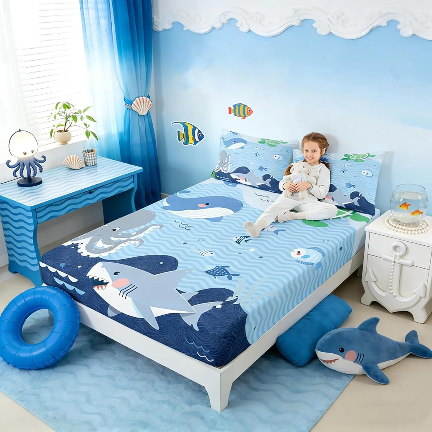 Shark and Whale Bedding Set,Cartoon Sea Animal Bed Set for Girls Teens Bedroom Decor Kids Octopus Turtle Fitted Sheet Soft Microfiber Underwater World Bed Cover(1 Fitted Sheet )