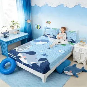 Shark and Whale Bedding Set,Cartoon Sea Animal Bed Set for Girls Teens Bedroom Decor Kids Octopus Turtle Fitted Sheet Soft Microfiber Underwater World Bed Cover(1 Fitted Sheet )