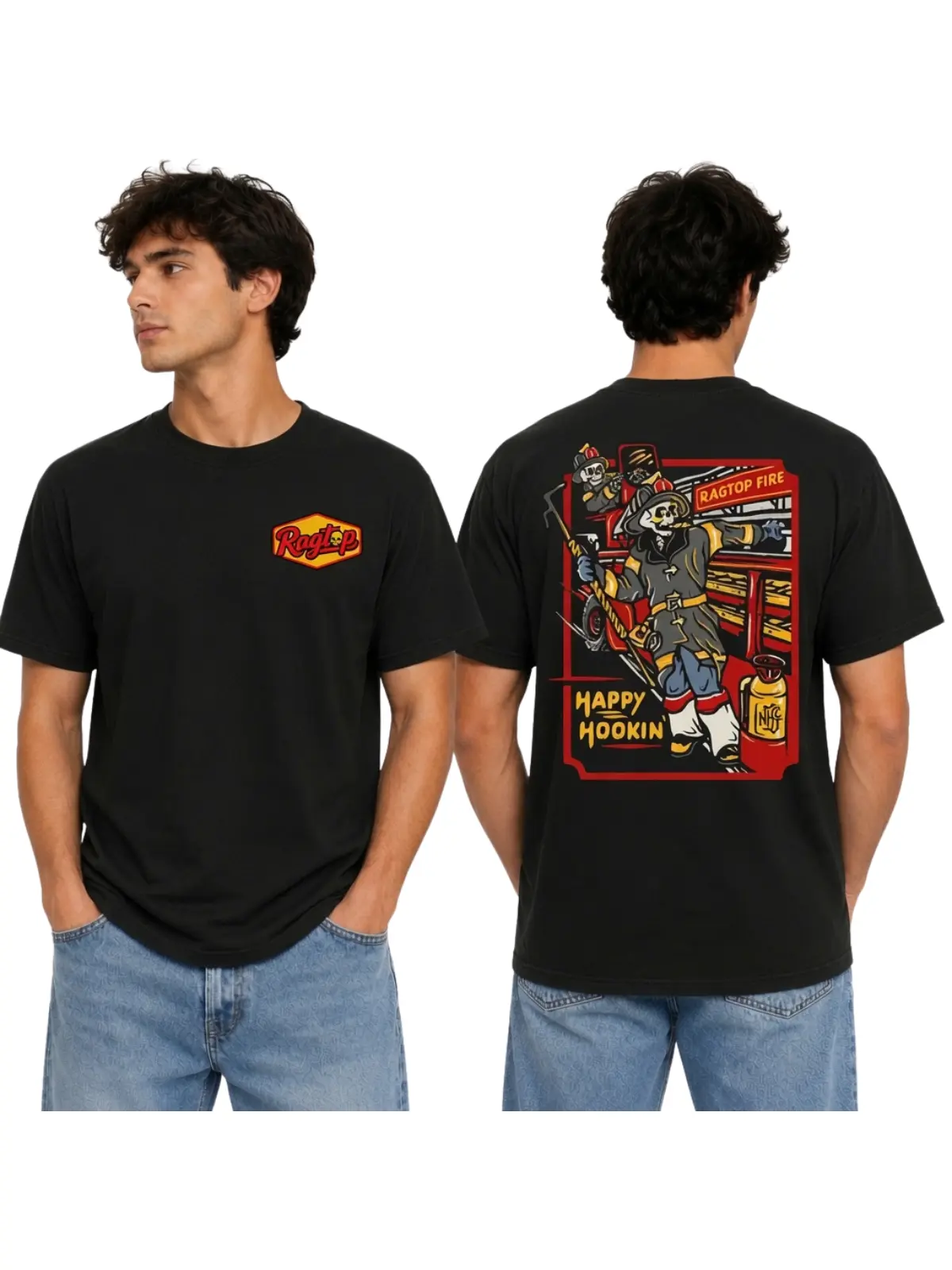 Ragtop T-Shirt, Ragtop Fire Co Happy Hookin Skeleton Firefighter Graphic Tee, Retro Fireman Fire Truck Design Shirt, Black Fire Rescue Apparel, Cool Firefighter Shirt, Perfect Gift For Men and Women