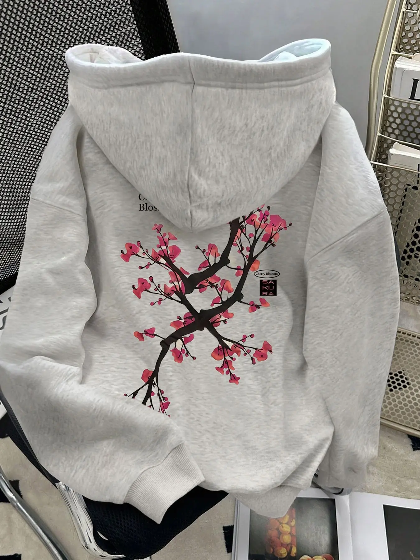 Women's Oversized Gray Hoodie, Aesthetic Sakura Print, Loose Casual Fit, Soft Comfy Pullover for Fall & Winter Daily Wear