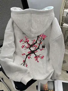 Women's Oversized Gray Hoodie Sweatshirts with Drawstring, Long Sleeve, Aesthetic Sakura Print, Loose Casual Fit, Soft Comfy Pullover for Fall & Winter Daily Wear