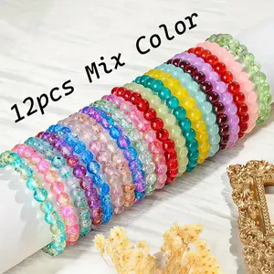12pcs Bohemian Handmade Glass Bead Bracelet Set For Women, Cracked Bead Bracelet Series, Suitable For Vacations And Daily Parties Occasion, Random Gifts For Family And Friends