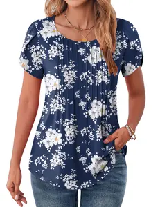 ZEAGOO Womens Tops Petal Short Sleeve Summer Casual Crew Neck Shirts Floral Solid Blouse Pleated Tunics