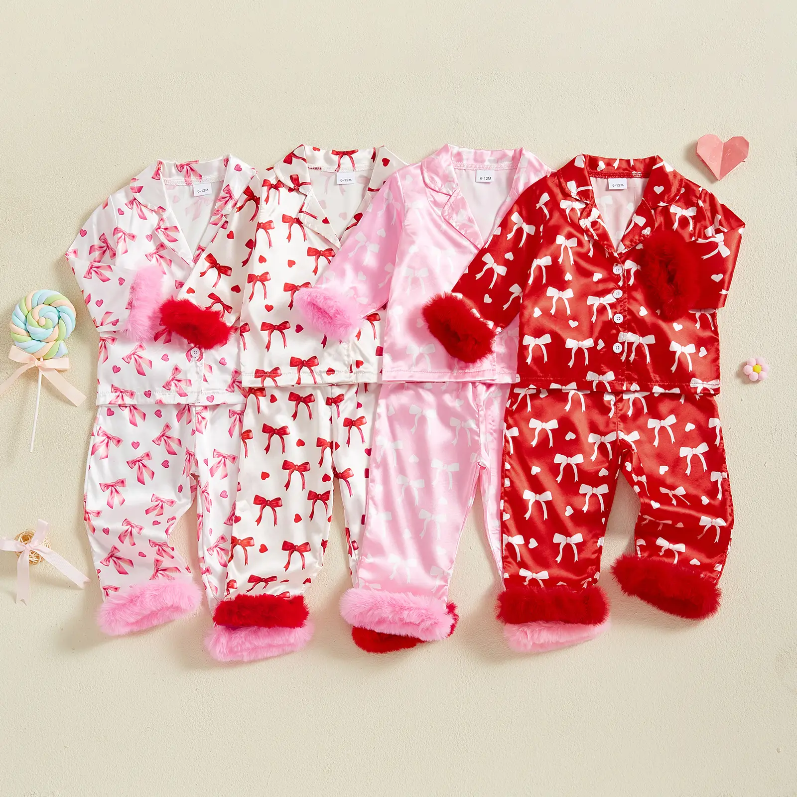 Toddler Baby Girl Valentine Pajamas Sets Bow Print Plush Laple Long Sleeve Tops with Pants