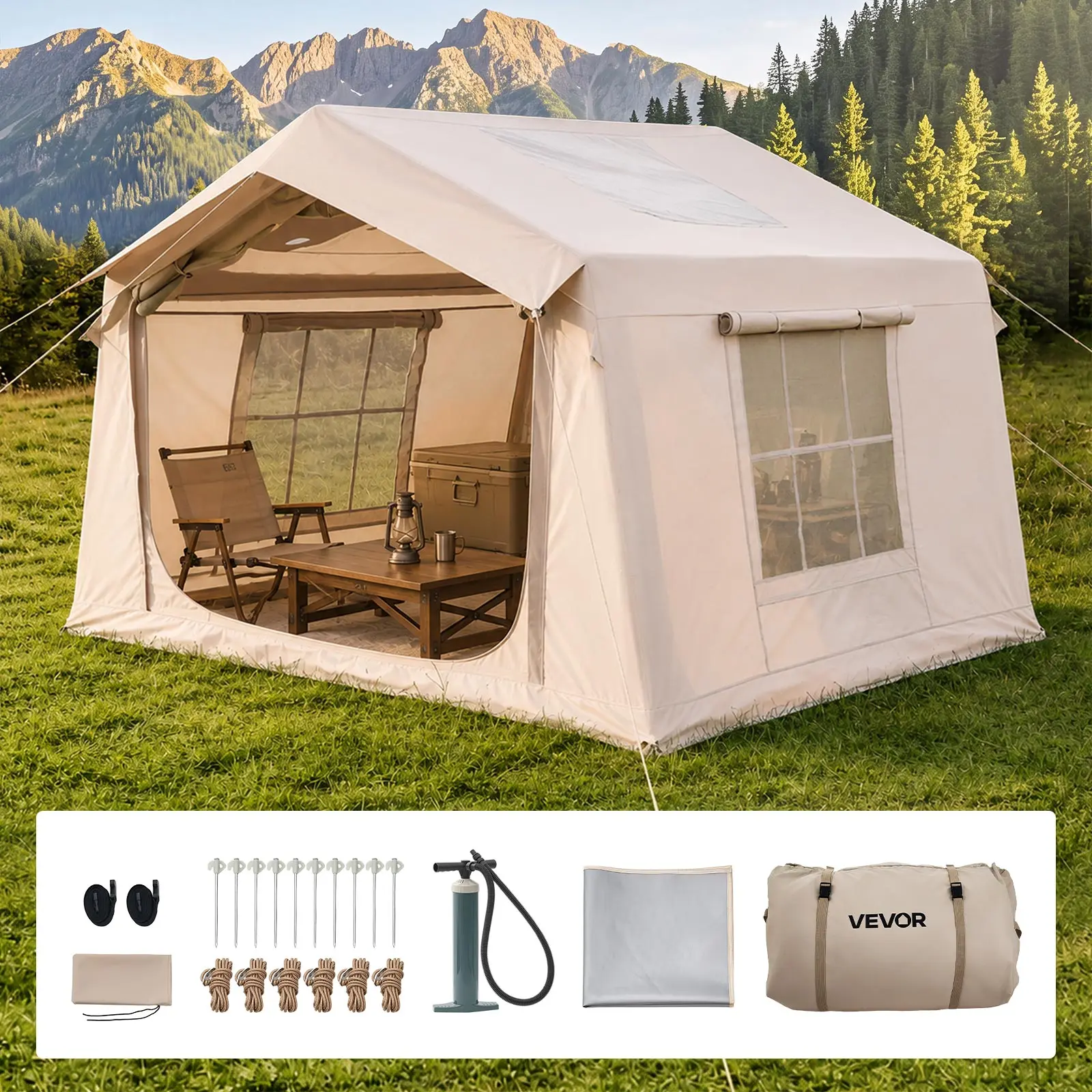 VEVOR Outdoor Camping Inflatable Air House, 2-4 Person Blow Up Unit with Pump (Beige) - 420D Oxford Waterproof, Easy Setup with Skylight, Stove Jack, Mesh Windows, Carry Bag for Family Glamping