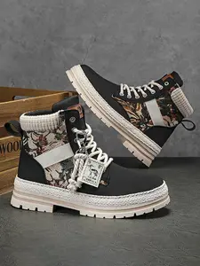 Men's Woven Sole Work Boots, Motorcycle Boots, Ankle Deck Boots, Casual Outdoor Shoes, Sporty Style, Colorblock Pattern, All Seasons