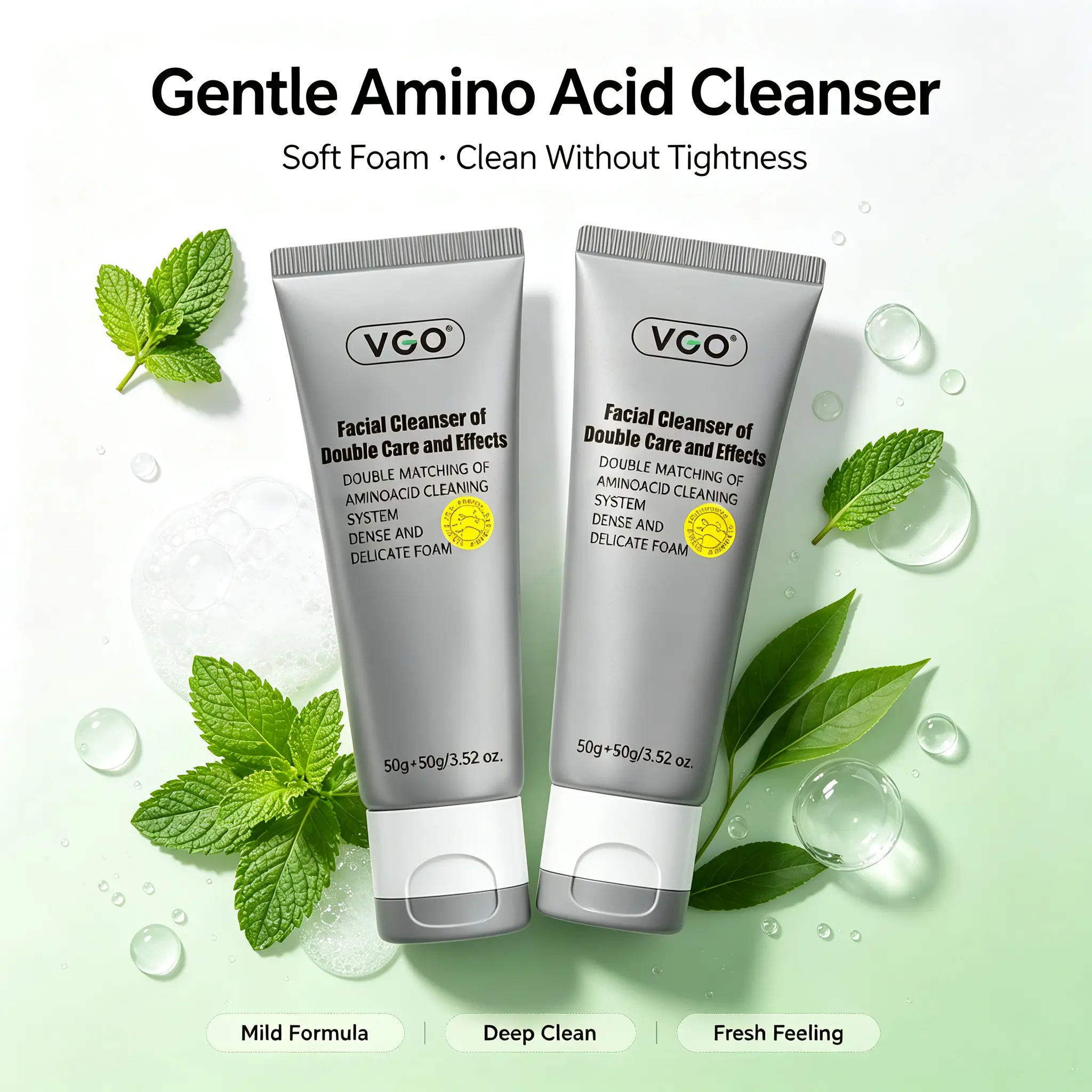VGO Dual-Effect Facial Cleanser, Hydrating Amino Acid & Bamboo Charcoal Foam Wash to Moisturize & Control Oil, Gentle for Sensitive Skin, Radiance, Facial Wash, Squeeze, Morning Routine