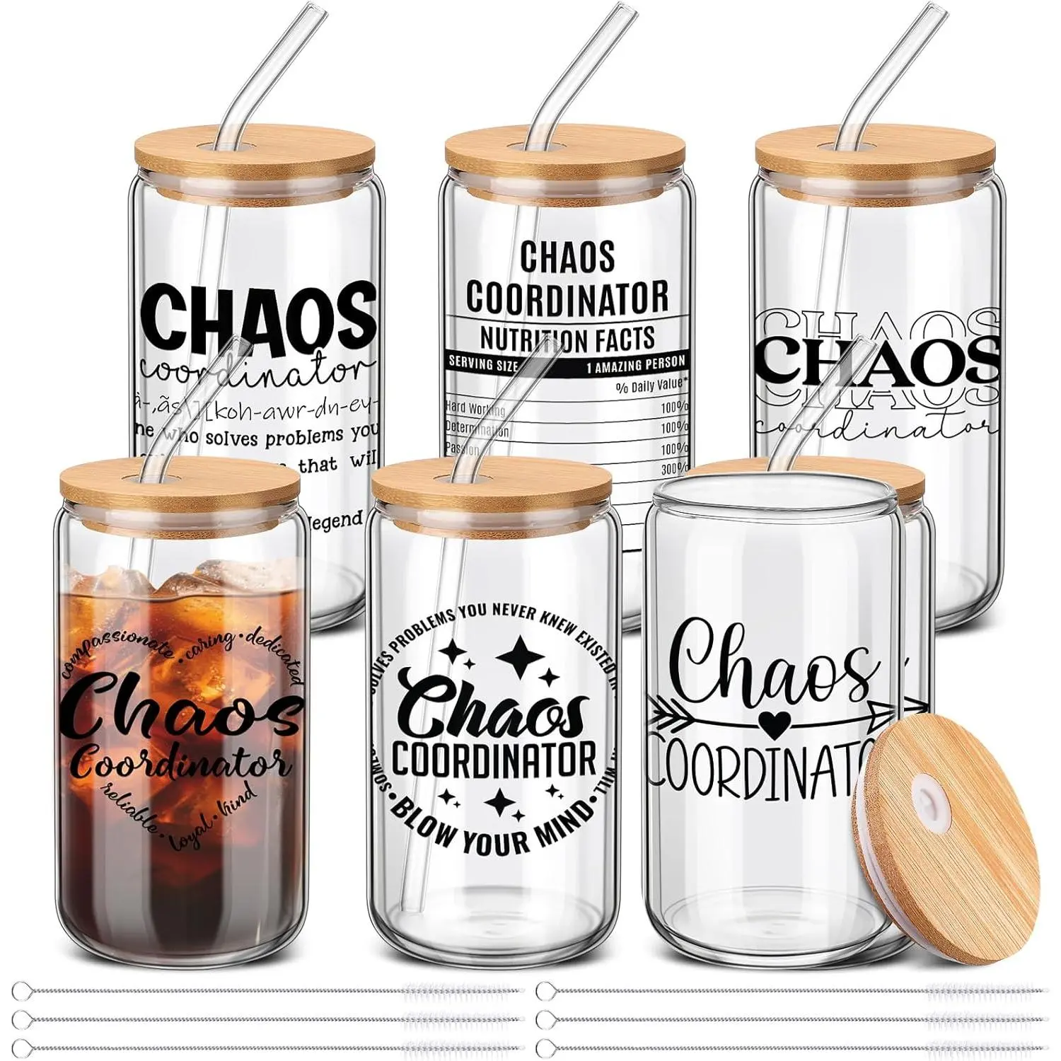 6 count Chaos Coordinator Gifts Thank You Gifts for Coworker Employee Appreciation Gifts Bulk 16 Oz Can Shape Glass Cup With Lid and Straw Chaos Coordinator Drinking Glasses for Nurse Teacher