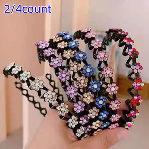 Rhinestone Flower Decor Hair Hoop, 2/4pcs Non-slip Teeth Design Hair Hoops for Women & Girls, Hair Styling Tools, Zigzag Headband