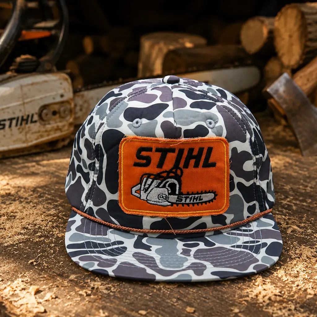 STIHL Chainsaw Camo Rope Hat - Vintage Style Woodcutter Logger Trucker Cap - Grey Camouflage Outdoor Hunting Fishing Hat for Men - Adjustable Snapback Tool Brand Apparel Accessory