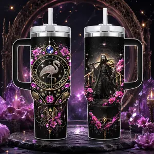 [MADE IN US] Sleep Token “Even In Arcadia” Stainless Steel Insulated Travel Tumbler With Handle & Straw Lid 40oz Full Wrap Gold Gothic Mask Floral Design, Gift For Fan