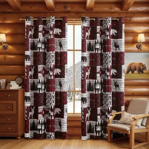 Red Christmas Rustic Cabin Curtains 2 Panels Country Style Curtain 50% Light Blocking Darkening Grommet Window Treatments Farmhouse Patchwork Plaid Decorative For Living Room Bedroom,