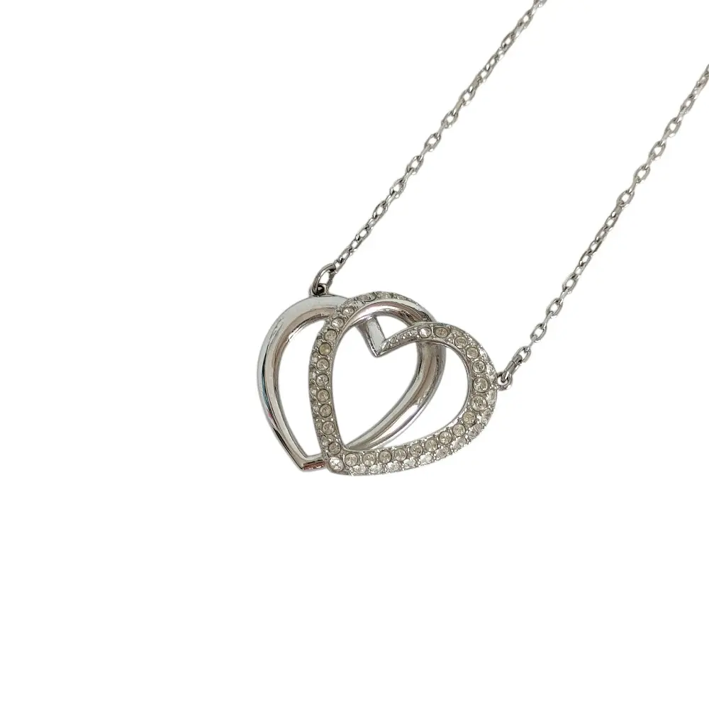 Pre-owned Swarovski Brass Small Leather Goods Pave Dear Double Heart Pendant Necklace