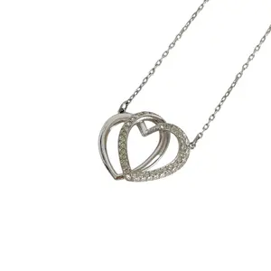 Pre-owned Swarovski Brass Small Leather Goods Pave Dear Double Heart Pendant Necklace