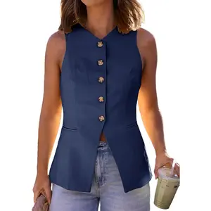 Mina Self 2025 Womens Summer Sleeveless Blazer Vest Lightweight Button Down V-Neck Casual Fashion Work Jacket Pockets