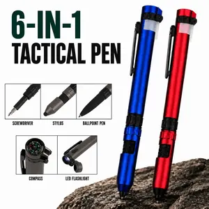 6-in-1 Multi-Function Tactical Pen with LED Light, Compass, Phillips Screwdriver, Touchscreen Stylus, Phone Stand & Ballpoint Pen – Portable Durable EDC Tool for Camping, Hiking, Travel, Office, Home Repair, Outdoor Gift (blue-black)