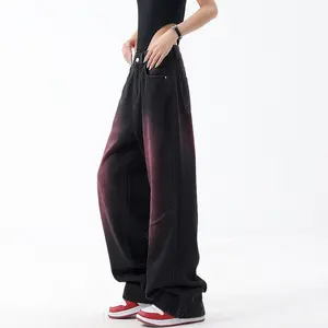 Women's Retro Spring Summer New Graffiti Washed Jeans Straight Wide-Leg Pants Basic Minimalist Black Bottoms for Versatile Wear Casual Womenswear