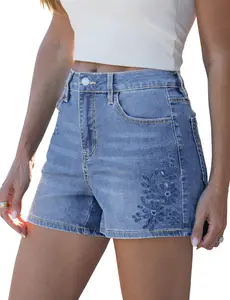 luvamia Jean Shorts for Women High Waisted Eyelet Embroidered Mid Thigh Wide Leg Stretchy Denim Shorts Summer Jorts