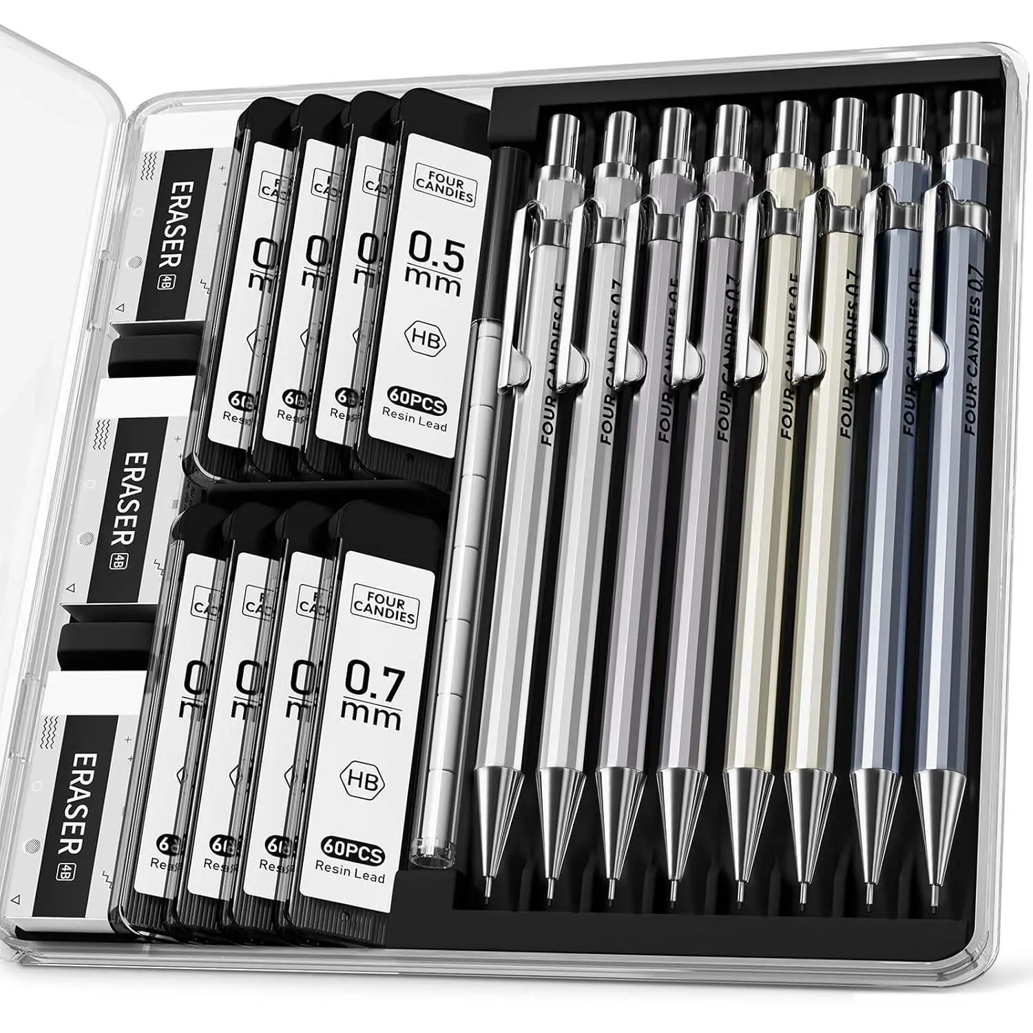 Mechanical Pencil Set, 0.7mm 4-Pack with Case, Metal Body, Medium Point | 480 Leads, 3 Erasers+9 Refills, For School Writing, Sketching, Art Drawing & Professional Drafting