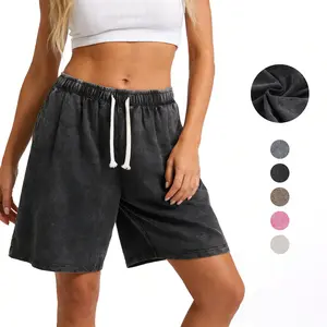 Holafish Women's 1/2Pack Acid Wash Shorts Vintage Cotton Elastic Waist Relaxed Fit Casual Athletic Summer Unisex Streetwear Wardrobe Essential