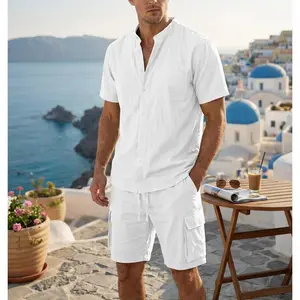 Men's Summer Beach 2 Piece Linen Set Casual Short Sleeve Shirt and Drawstring Cargo Shorts