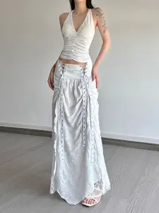 Vintage Lace Long Dress, High Waist Tie Asymmetric Hem Ruffle Maxi Skirt, Y2K Style Loose-Fitting Tiered Layers, All Seasons Women's Fashion, Womenswear