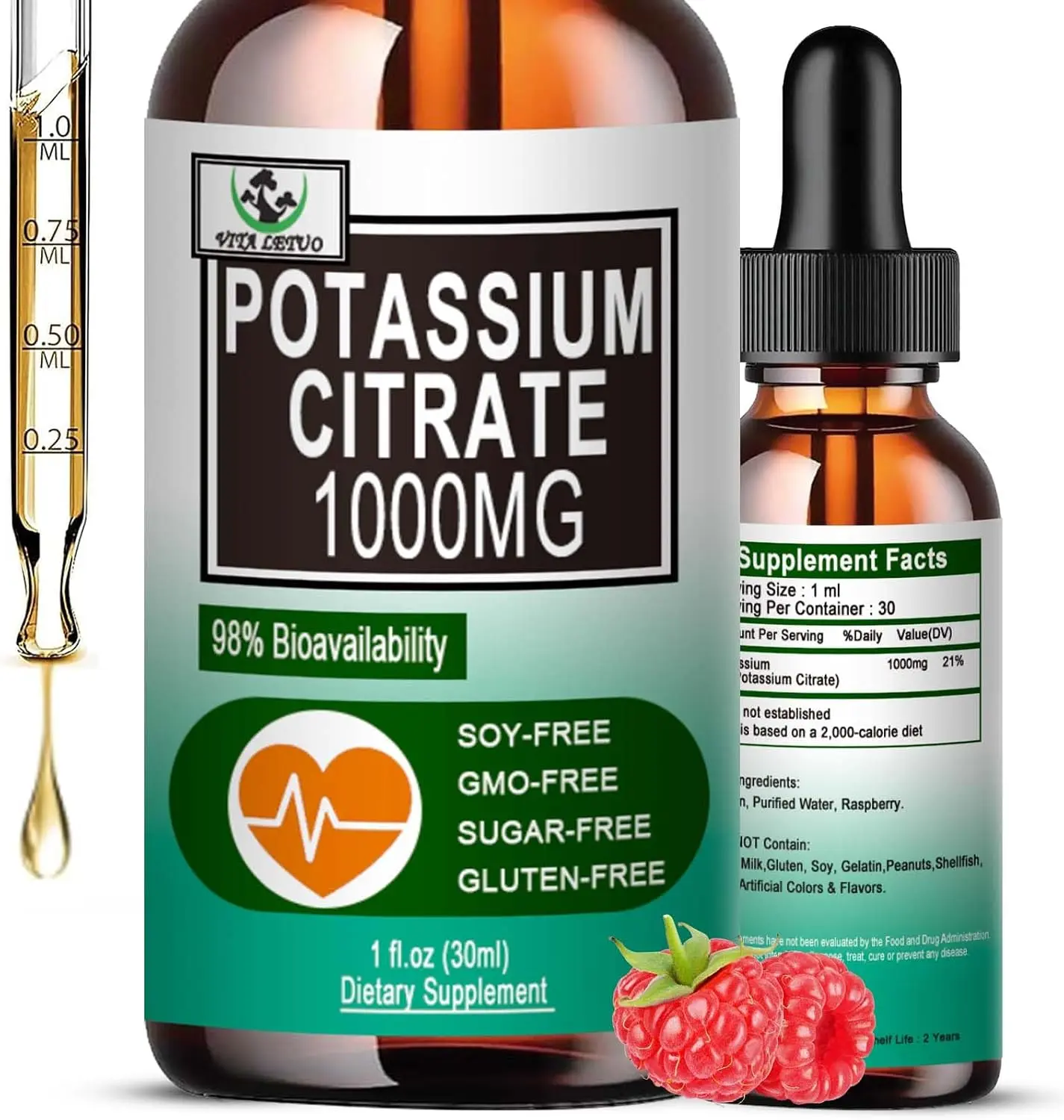 Potassium Citrate Liquid Drops,Potassium Supplement 1000mg Liquid Support Muscle Cramp Relief, Heart Health and Sleep,Highly Absorbable for Adults Women & Men, Vegan, 30 Servings