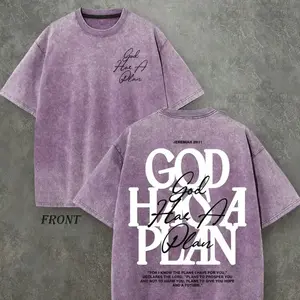 Vintage Washed "God Has a Plan" Double-Sided Graphic Tee | 230gsm Heavyweight Religious Streetwear, Unisex Crew Neck Fit, 100% Breathable Cotton Spiritual Casual Top for Men & Women
