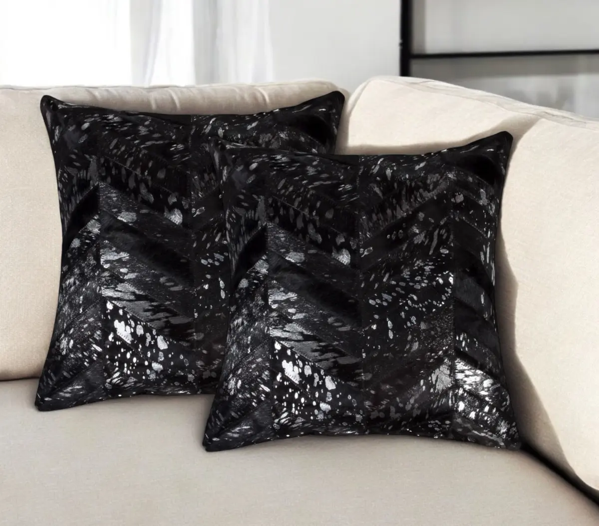 HomeRoots 544581 18x18 in. Black-Silver 2-Tone Luxurious Chevron Glittered Cowhide Standard Throw Pillows - Set of 2, Christmas Decor Accessories, Transitional Room Decorations, Handmade Craft for Living Room, Birthday