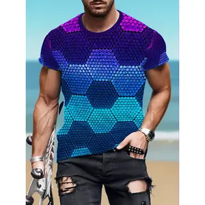 Comfortable And Breathable Men'S Top Gradient Honeycomb Digital Printing Round Neck Short-Sleeved T-Shirt Trend Gradient Honeycomb Print Men'S Short Sleeves European And American Style Round Neck T-Shirt, Plus Size