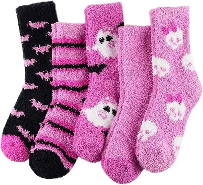 Halloween Fall Gift Halloween Fuzzy Socks for Women – Cozy Plush Slipper Socks with Ghost  & Bat Designs, Warm Fluffy House Socks for Winter, Christmas & Holiday Gifts