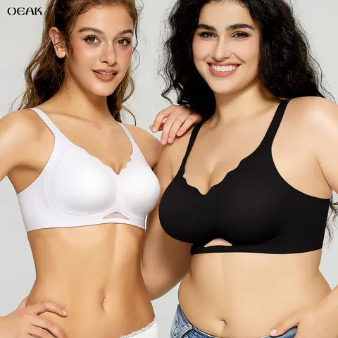 Oeak Women Seamless Jelly Bras No Underwire Push Up Wavy Neckline Wireless Bralettes Soft V Neck Full Coverage Everyday Bra